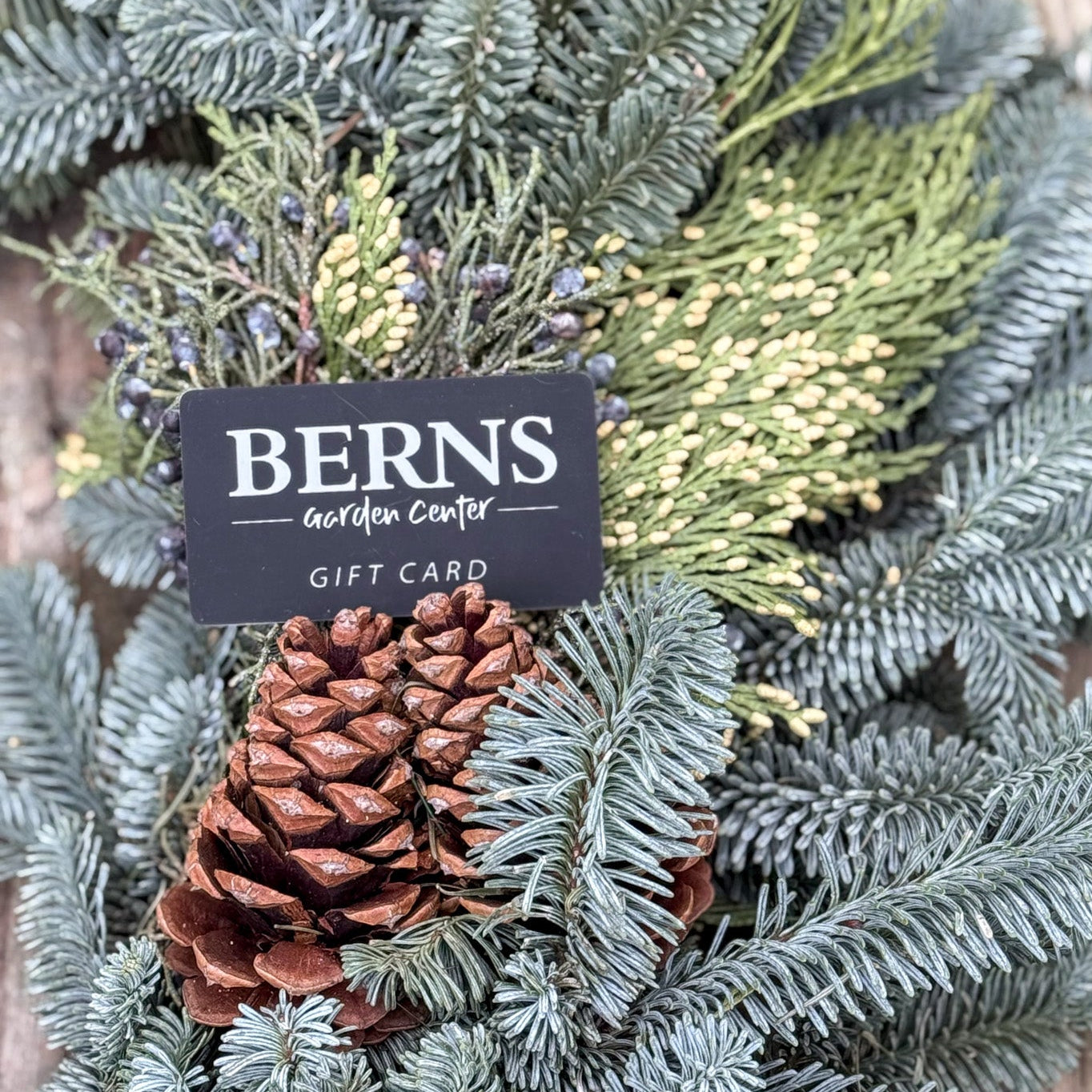 Gift card from Berns Garden Center embedded in a decorative wreath with greenery and pinecones.