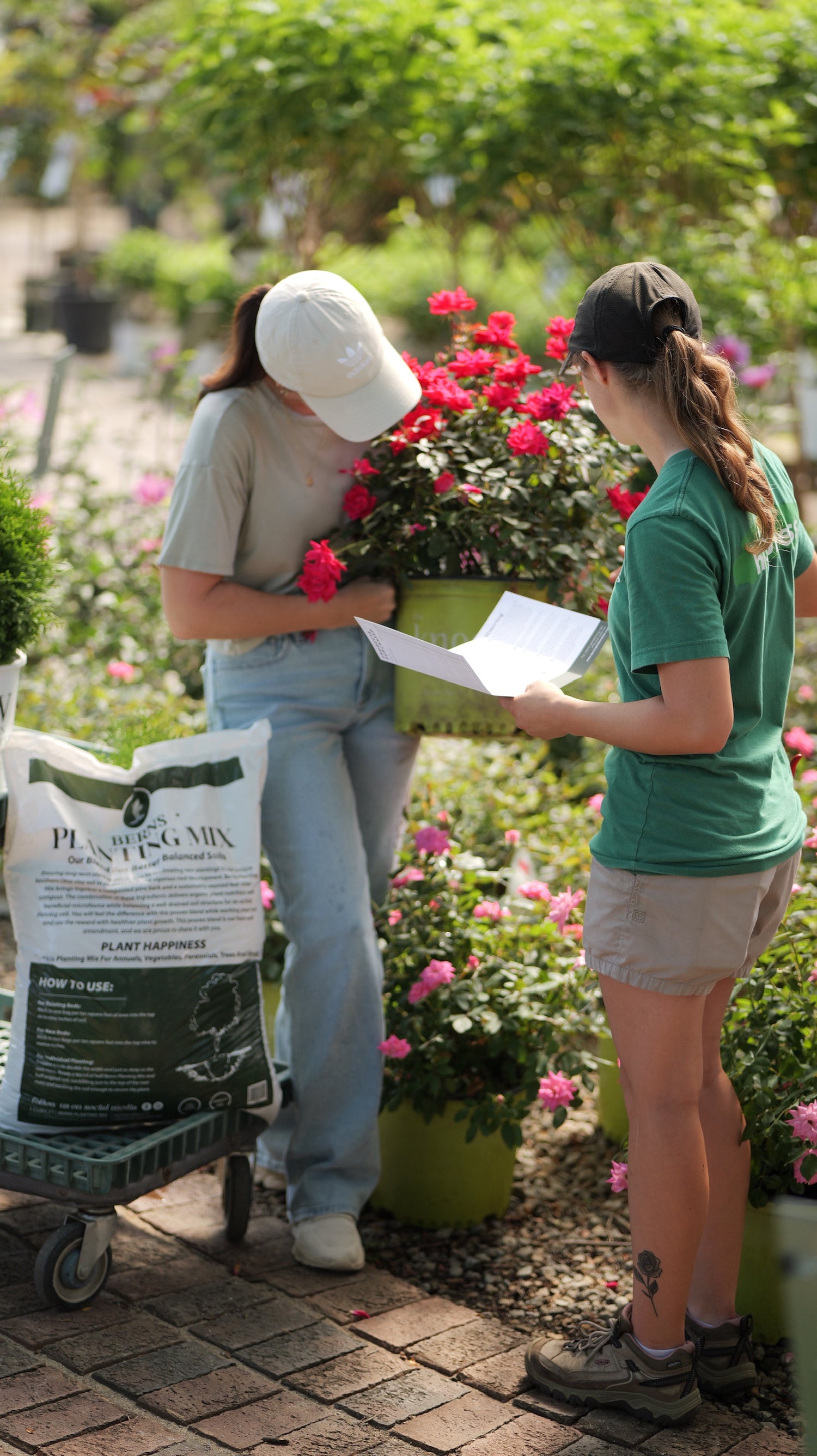 Two people in a garden setting with plants and gardening supplies.